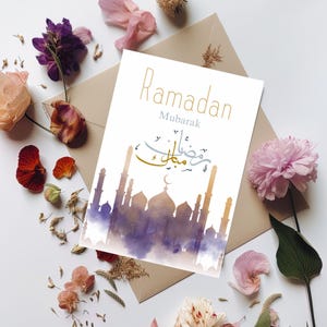 Tarjeta de felicitación de Ramadán Descarga digital, Regalos de Ramadán, Decoraciones islámicas modernas para Ramadán para imprimir, Tarjetas de felicitación de A6, 5x7, 4x6 Kaaba