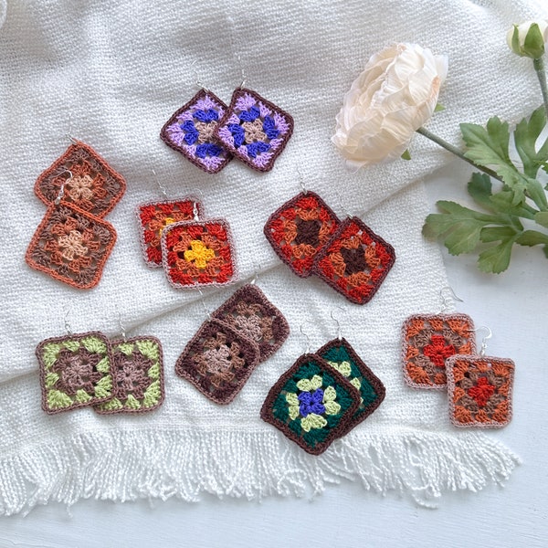 Autumnal Granny Square Crocheted Earrings in Neutral & Jewel Tones Boho Chic | Sterling Silver