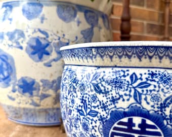 Vintage Blue and White Planter | Chinoiserie Chic Home Decor | GrandMillennial Style | Vintage Finds, Wall Accent, Nursery Decor