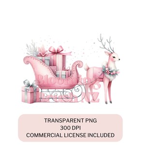 Pink Christmas Sleigh Reindeer Clipart, Christmas Clipart, Single Clipart, Transparent PNG, Commercial Use Clipart.