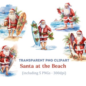 Santa at the Beach Clipart, Christmas Clipart, Beach Clipart, Transparent PNG, Commercial Use Clipart.