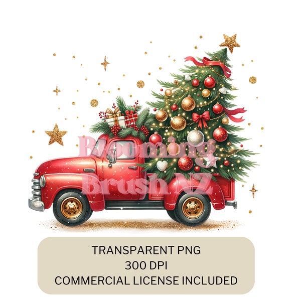 Glitter Red Christmas Truck Clipart, Christmas Clipart, Single Clipart, Transparent PNG, Commercial Use Clipart.