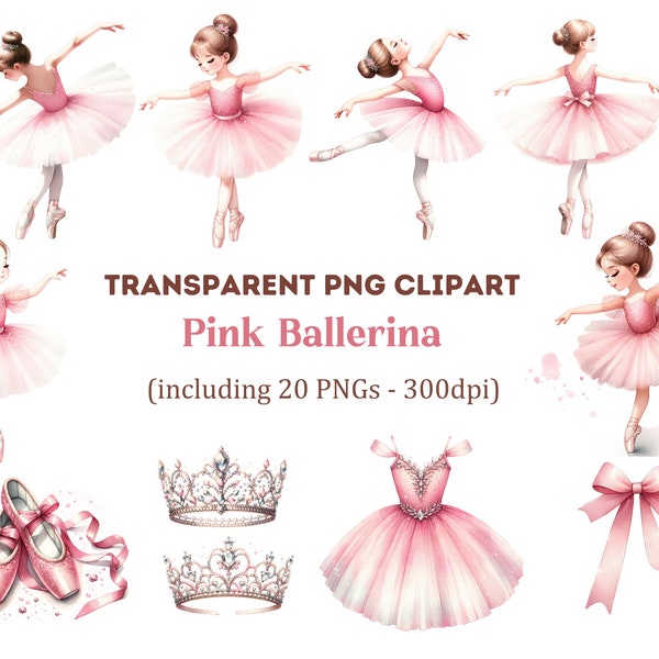 Watercolor Pink Ballerina Clipart, Cute ballet PNG, tutu girls clipart, Ballerina planer stickers, Transparent PNG, Commercial Use Clipart.