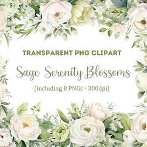 Watercolor Sage Serenity Blossoms Clipart, Sage Floral Clipart, Floral Clipart, Transparent PNG, Commercial Use Clipart.
