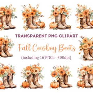 Watercolor Fall Cowboy Boots Clipart, Cowboy Boots Clipart, Fall Clipart, Transparent PNG, Commercial Use Clipart.