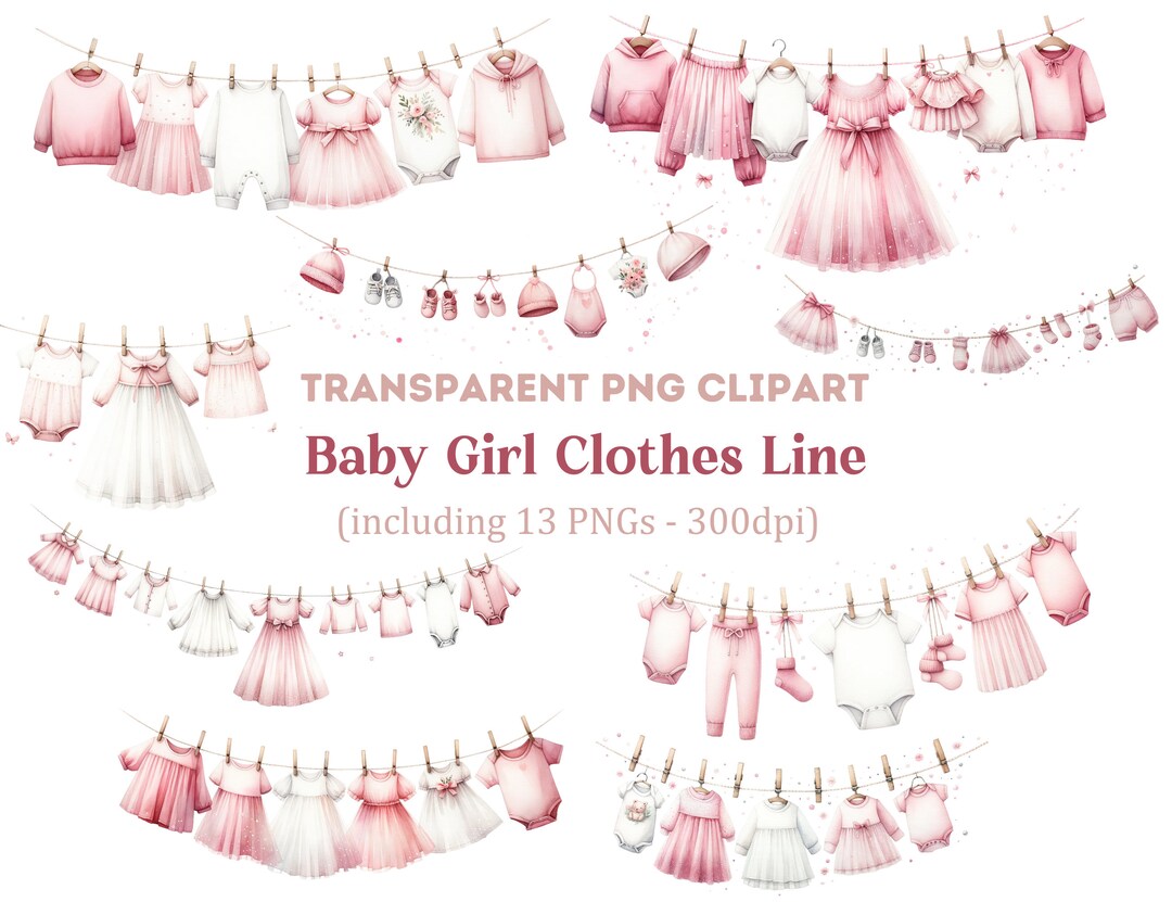 Baby Girl Clothes Line Clipart, Pink Clothes Line PNG, Baby Shower