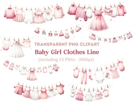 Baby Girl Clothes Line Clipart Pink Clothes Line PNG Baby Shower Clipart Transparent PNG Commercial Use Clipart