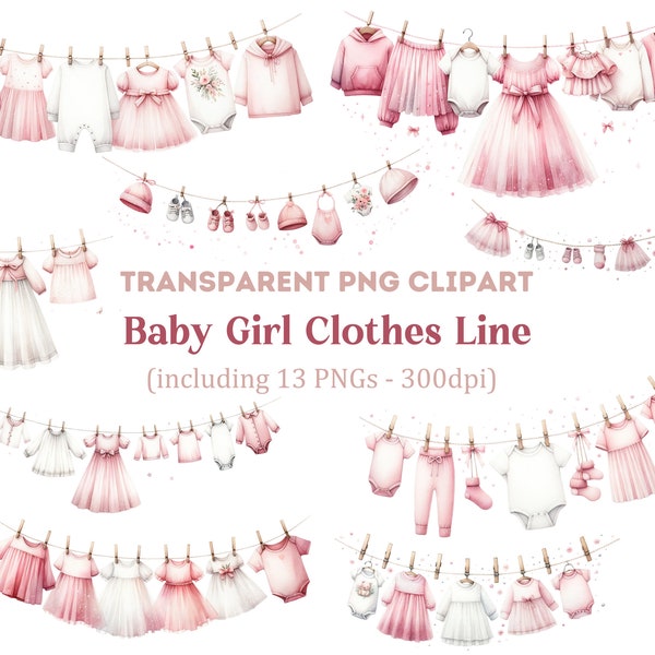 Baby Girl Clothes Line Clipart, Pink Clothes Line PNG, Baby Shower Clipart Transparent PNG, Commercial Use Clipart.