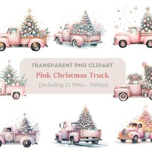 Watercolor Pink Christmas Truck Clipart, Christmas Truck Clipart, Christmas Clipart, Transparent PNG, Commercial Use Clipart.