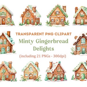 Minty Gingerbread Delights Clipart, Green Gingerbread House Clipart, Christmas Clipart, Transparent PNG, Commercial Use Clipart.