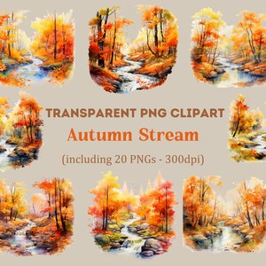 Watercolor Autumn Stream Clipart, Fall Clipart, Nature river Clipart, Transparent PNG, Commercial Use Clipart.