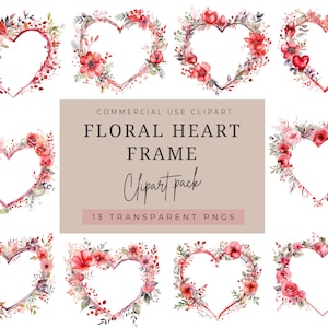 Watercolor Floral Heart Frame Clipart, Heart Frame Clipart, Valentine Clipart, Transparent PNG, Commercial Use Clipart.