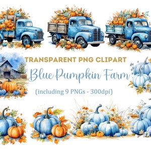 Watercolor Blue Pumpkin Farm Clipart, Vintage Blue Pumpkin Truck Clipart, Pumpkin Barn Clipart, Transparent PNG, Commercial Use Clipart.