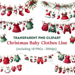 Christmas Baby Clothes Line Clipart, Baby Clothes Clipart, Christmas Clipart, Holiday Season Transparent PNG, Commercial Use Clipart.