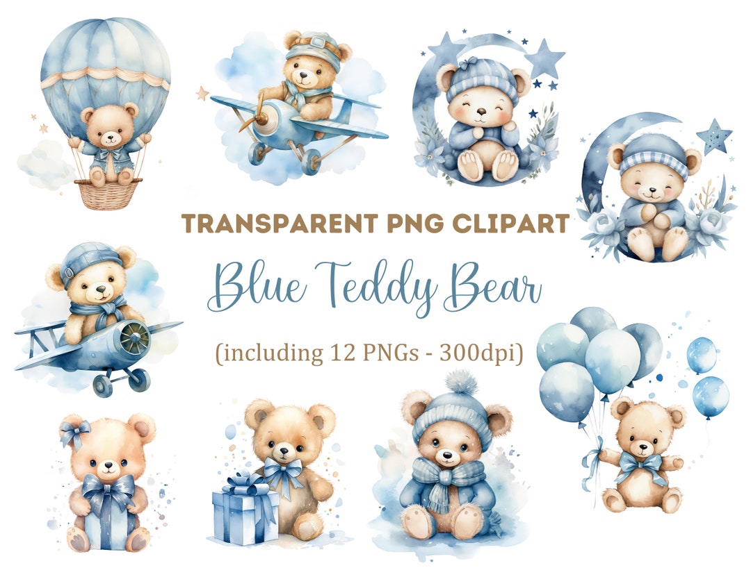 Watercolor Blue Teddy Bear Clipart, Bear Clipart, Baby Shower Clipart ...