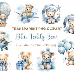 Watercolor Blue Teddy Bear Clipart, Bear Clipart, Baby shower Clipart, Transparent PNG, Commercial Use Clipart.