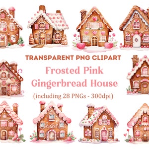 Frosted Pink Gingerbread House Clipart, Gingerbread House Clipart, Christmas Clipart, Transparent PNG, Commercial Use Clipart.