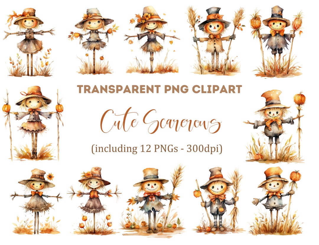Watercolor Mr Mrs Scarecrows Clipart, Cute Boy Girl Scarecrow Clipart