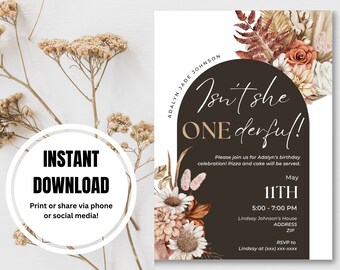 May include: A digital invitation with a floral design and the text "Isn't she ONE derful!" in a stylish font. The invitation includes event details and RSVP information. The words "Instant Download" are also displayed.