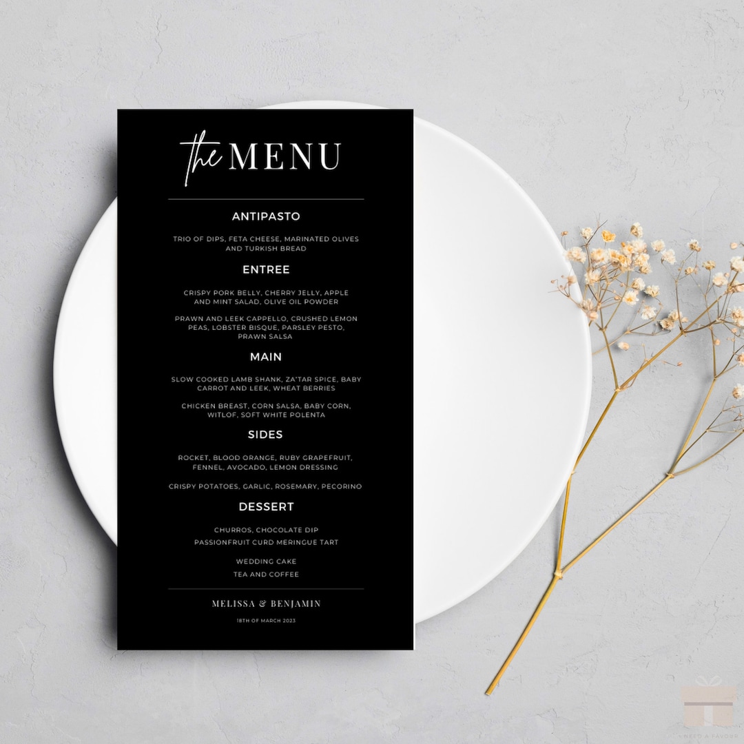 Black Wedding Menu Template, Minimalist, Elegant, Monochrome, Black