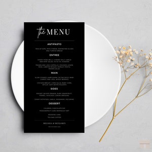 Black Wedding Menu Template, Minimalist, Elegant, Monochrome, Black & White, Digital Download, Customise in Canva