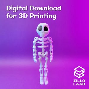 Może przedstawiać: Biała, drukowana w 3D figurka szkieletu z czarnymi oczodołami na fioletowym tle z gradientem. U góry napis "Digital Download for 3D Printing". Logo Zillo Laab w prawym dolnym rogu.