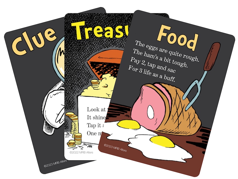 May include: Three game cards with black backgrounds and white text. The first card says "Clue" and has a magnifying glass and coins. The second card says "Treasure" and has a chest with coins. The third card says "Food" and has a ham, eggs, and a fork.