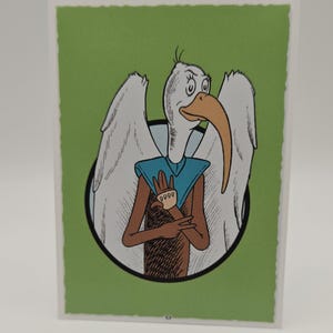 May include: A cartoon illustration of a white bird with a long orange beak, wearing a blue shirt and standing with its wings spread out. The bird is in a circle with a green background.