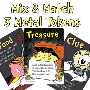 May include: Three metal tokens for a game, each with a unique illustration and text. The cards are labeled "Food", "Treasure", and "Clue". The "Food" card shows a ham and egg, the "Treasure" card shows a chest of gold, and the "Clue" card shows a magnifying glass.