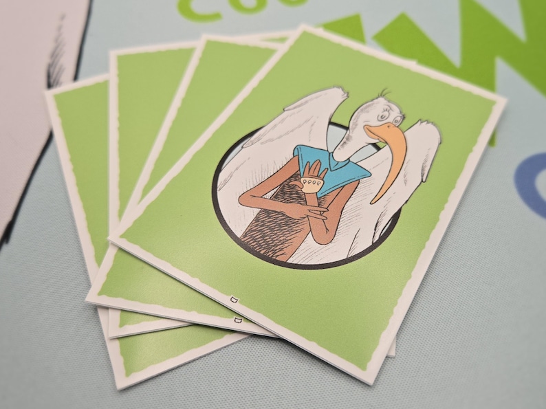 May include: Four green cards with white borders, each featuring a cartoon illustration of a bird with a long beak and wings, wearing a blue shirt and a white collar. The bird is holding its arms crossed in front of its chest.