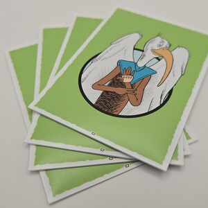 May include: A stack of four green cards with a white outline. Each card features a cartoon illustration of a bird with a blue shirt and a white wingspan. The bird is wearing a blue shirt with a white collar and a white wingspan.