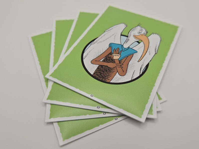 May include: A stack of four green cards with a white outline. Each card features a cartoon illustration of a bird with a blue shirt and a white wingspan. The bird is wearing a blue shirt with a white collar and a white wingspan.