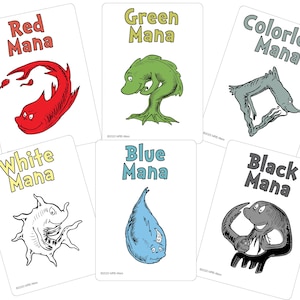 May include: Six illustrated cards with the text "Red Mana", "Green Mana", "Colorless Mana", "White Mana", "Blue Mana", and "Black Mana". Each card features a unique cartoon creature in the corresponding color.