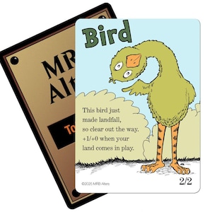 Cartas de token Whimsical Bird (verde) para MTG ilustradas por MRB Alters, com ou sem folha de alumínio, impressas em papel cartão de qualidade premium