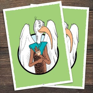 May include: A white bird with a long beak and a blue scarf is standing with its wings spread out. The bird is wearing a brown glove on its right hand. The bird is on a green background.