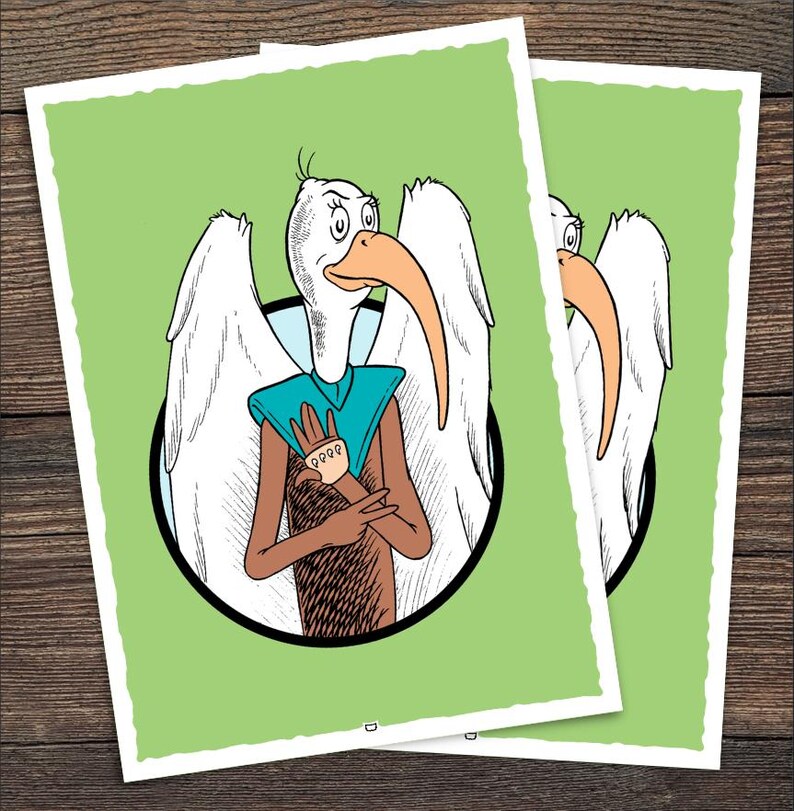 May include: A white bird with a long beak and a blue scarf is standing with its wings spread out. The bird is wearing a brown glove on its right hand. The bird is on a green background.