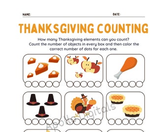 Thanksgiving Counting Activity - School Worksheet - Math Class Activity - Holiday Schoolwork - Digital Download - Classroom Printable
