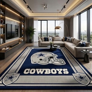 Hand tufted wool Dallas Cowboys inspired football area rug in navy blue and silver, featuring a helmet graphic, displayed in a modern luxury living room.