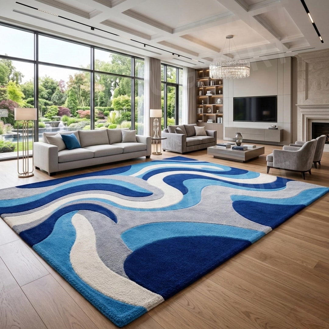 Modern Blue Abstract Rug, Hand Tufted Wool Area Rug, Luxury Wave ...