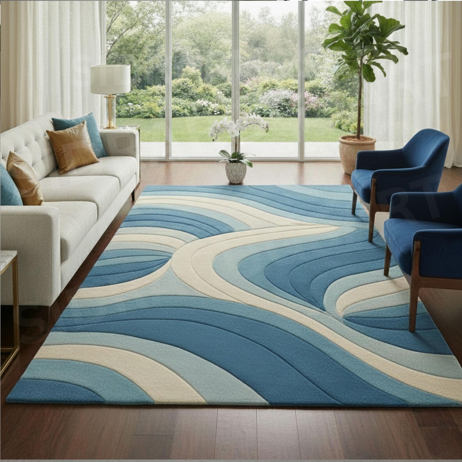 Hand Tufted Wool Area Rug, Blue Abstract Wave Pattern Carpet (9x12) - Etsy
