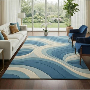 Alfombra de lana tejida a mano, con estampado abstracto de olas azules (9x12)