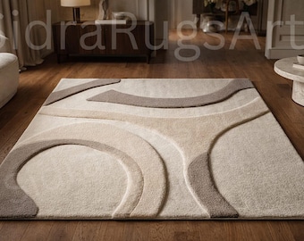 Handgetuft wollen abstract gebeeldhouwd vloerkleed, modern neutraal tapijt