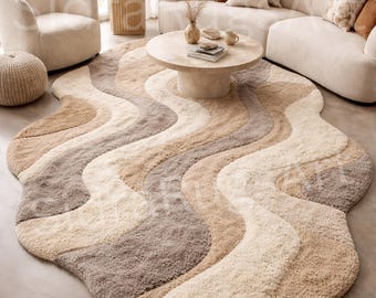Irregular Wavy Neutral Rug – Hand Tufted Wool Area Rug, Modern Abstract Beige Brown Carpe