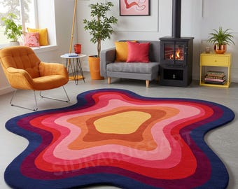 Irregular Shape Colorful Rug Handmade Tufted Wool, Abstract Funky Area Rug, Retro Moder Carpet, Luxury Designer Statement Rug, Plush Custom