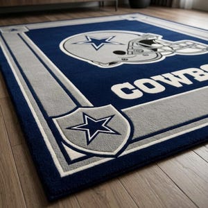 Hand tufted wool Dallas Cowboys inspired football area rug in navy blue and silver, featuring a helmet graphic, displayed in a modern luxury living room.