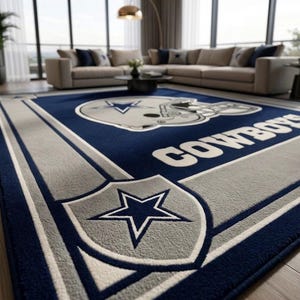 Hand tufted wool Dallas Cowboys inspired football area rug in navy blue and silver, featuring a helmet graphic, displayed in a modern luxury living room.