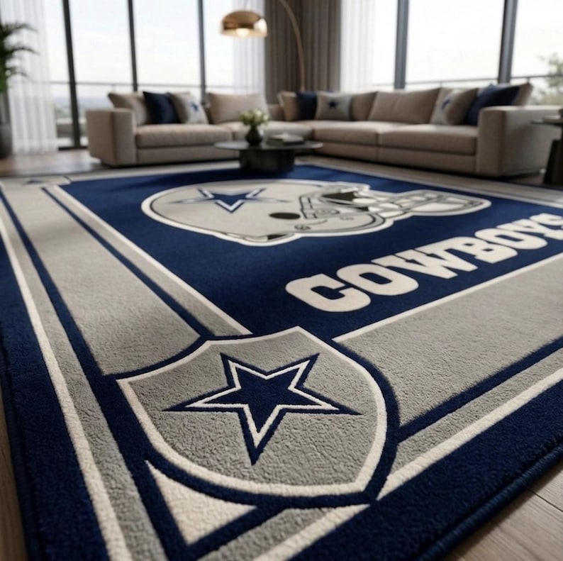 Hand tufted wool Dallas Cowboys inspired football area rug in navy blue and silver, featuring a helmet graphic, displayed in a modern luxury living room.