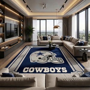 Hand tufted wool Dallas Cowboys inspired football area rug in navy blue and silver, featuring a helmet graphic, displayed in a modern luxury living room.