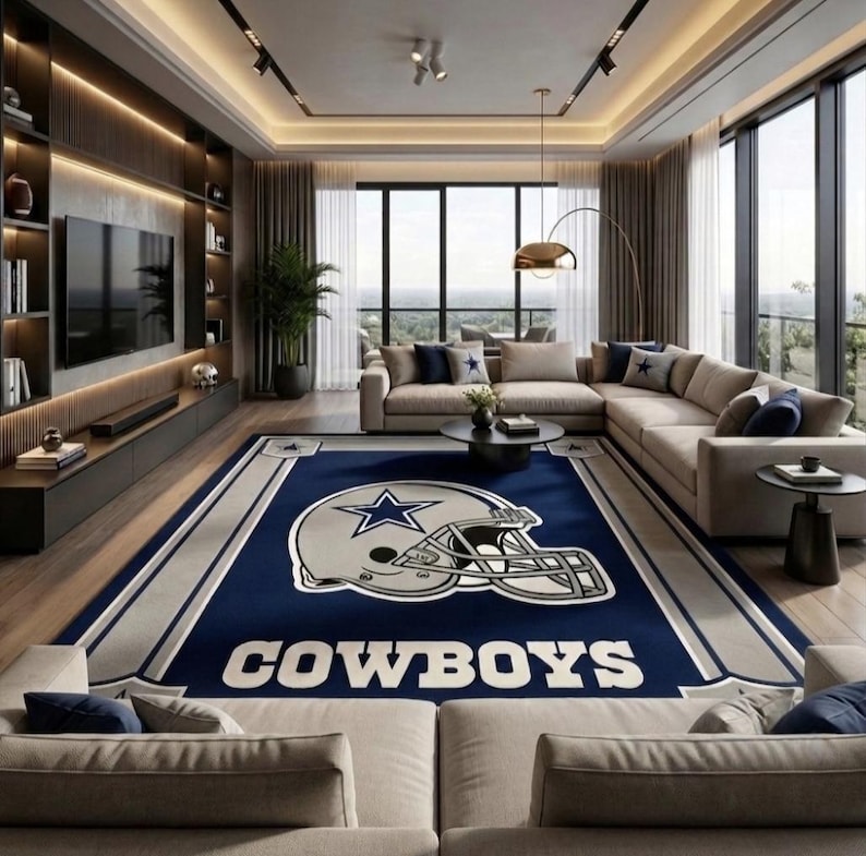 Hand tufted wool Dallas Cowboys inspired football area rug in navy blue and silver, featuring a helmet graphic, displayed in a modern luxury living room.