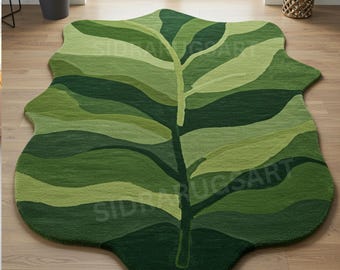 Leaf Shaped Wool Rug – Botanical Green Tufted Irregular Area Rug